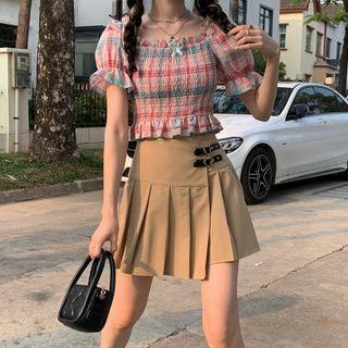 Short-sleeve Plaid Blouse / Mini A-line Pleated Skirt