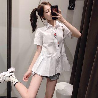 Collared Short-sleeve Pleated Shirt With Tie White - One Size