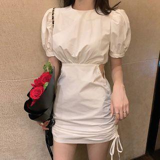 Puff-sleeve Cutout Drawstring Mini Bodycon Dress