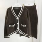 Set : Contrast Trim Cardigan + Plain Knit Skirt