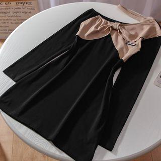 Long-sleeve One-shoulder Two-tone Bow Mini Sheath Dress