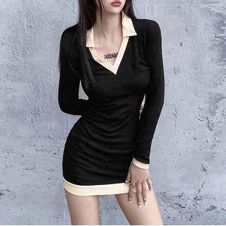 Long-sleeve Contrast Trim Collared Mini Sheath Dress