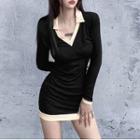 Long-sleeve Contrast Trim Collared Mini Sheath Dress