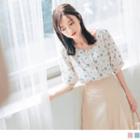 Elbow Sleeve Heart Print Square Neck Top