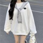 Checkerboard Tie-front Shawl / Lettering Sweatshirt