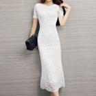 Short Sleeve Lace Overlay Midi Dress