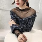 Mock Two-piece Mesh Panel Plaid Blouse Plaid - Red - One Size