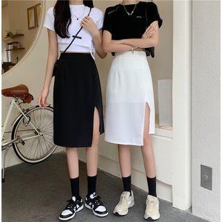 Plain High-waist Slit-hem Skirt