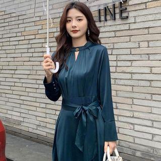 Long-sleeve Cutout Tie-waist Midi A-line Dress