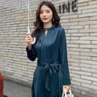 Long-sleeve Cutout Tie-waist Midi A-line Dress