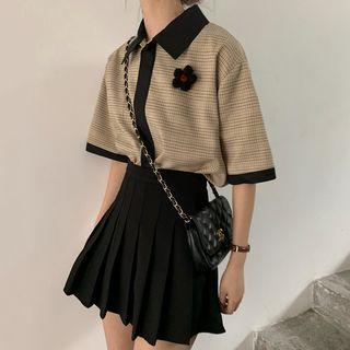 Short-sleeve Plaid Shirt / Mini Pleated Skirt