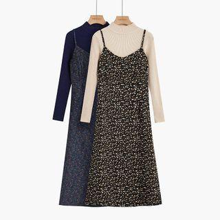 Set: Mock-neck Knit Top + Spaghetti Strap Floral Midi A-line Dress