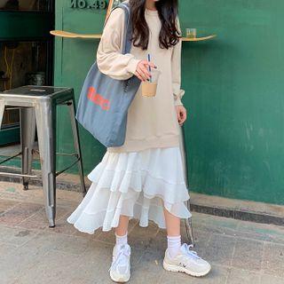 Mock Two-piece Tiered Midi A-line Sweatshirt Dress