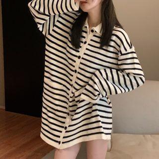 Lapel Striped Long-sleeve Dress Stripes - Black & White - One Size