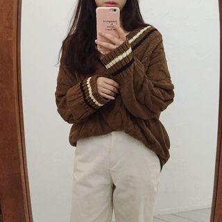 Loose-fit Striped Cable-knit Sweater