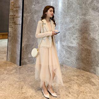 Double-breasted Tweed Vest / Long-sleeve Midi A-line Mesh Dress