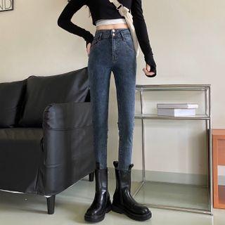 High-waist Slim-fit Fleeced Washed Jeans