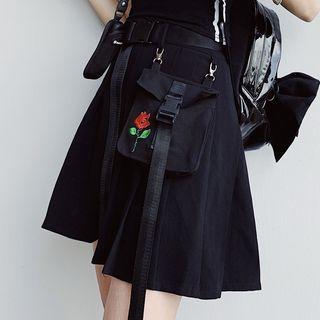 Rose Embroidered Pleated Mini A-line Skirt