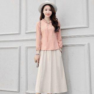 Set: Long-sleeve Frilled-trim Tie-neck Top + Plain Skirt
