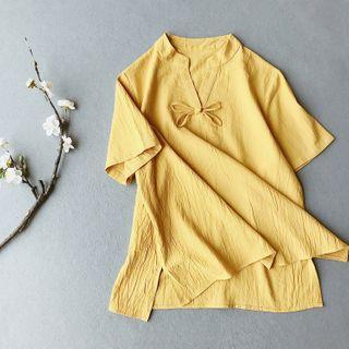 Short-sleeve V-neck Linen Blend Top