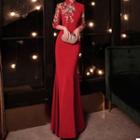 Elbow-sleeve Embroidered Qipao Evening Gown