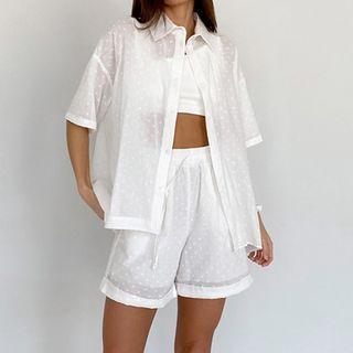 Set: Short-sleeve Floral Embroidered Shirt + Shorts