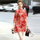 3/4-sleeve Stand Collar Printed A-line Tunic
