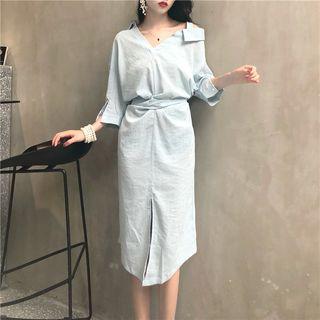 V-neck 3/4-sleeve Midi Shift Dress