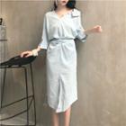 V-neck 3/4-sleeve Midi Shift Dress