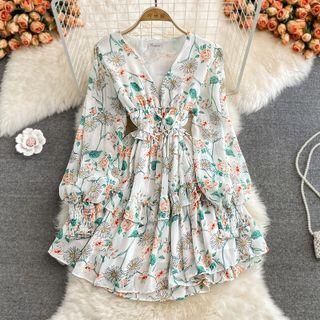 Long Sleeve Floral Print Tiered Dress
