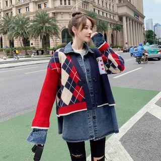 Mock Two-piece Argyle Denim Jacket