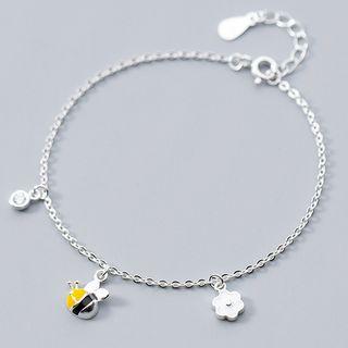 925 Sterling Silver Bee & Flower Bracelet Yellow & Black Bee - Silver - One Size