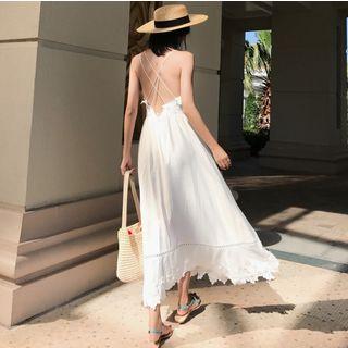 V-neck Open Back Midi Spaghetti Strap Dress