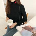 Heart Embroidered Turtle-neck Long-sleeve Top