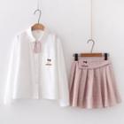Cartoon Embroidered Shirt / Plaid Mini A-line Skirt / Set