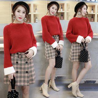 Set: Contrast Cuff Knit Top + Double-breasted Plaid Skirt