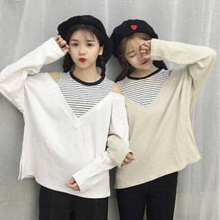 Stripe Panel Mock Two-piece Long-sleeve T-shirt