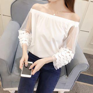 Off-shoulder Mesh Panel Long-sleeve Chiffon Top