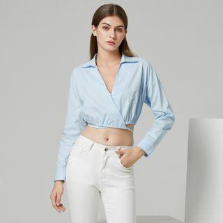 Eco-friendly Long-sleeve Plain V-neck Lace-up Crop Blouse