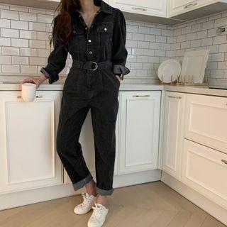 Belted Denim Shirt Jumpsuit Black - One Size