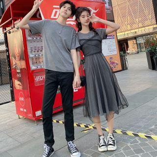 Couple Matching Short-sleeve T-shirt / Short-sleeve A-line Midi Dress