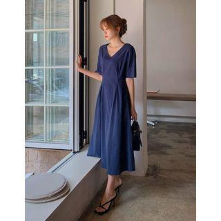 V-neck Pintuck-waist A-line Dress