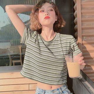 Striped Short-sleeve Cropped T-shirt Stripes - Green - One Size