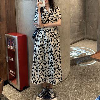 Short-sleeve Dotted A-line Midi Dress Black Dot - White - One Size