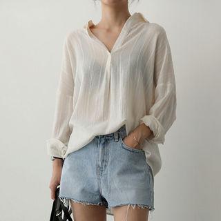 Open-placket Ribbed Loose-fit Top