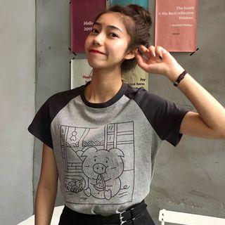 Short-sleeve Pig Print Raglan T-shirt