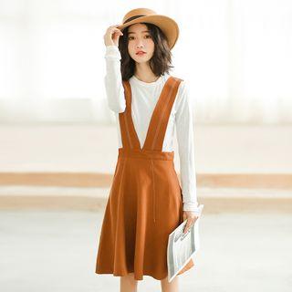 Set: Long-sleeve T-shirt + Wide Strap A-line Jumper Skirt As Shown In Figure - One Size