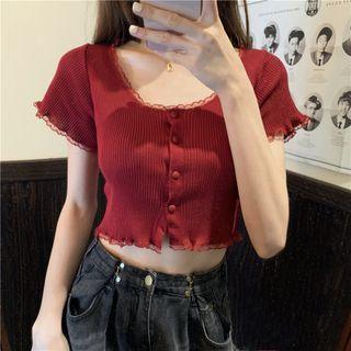 Short-sleeve Lace-trim Crop Knit Top