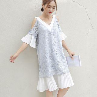 Pleated Trim Cut Out Shoulder 3/4 Sleeve Lace Dress