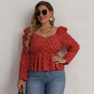 Plus-size Long-sleeve Heart Print Cropped Peplum Blouse